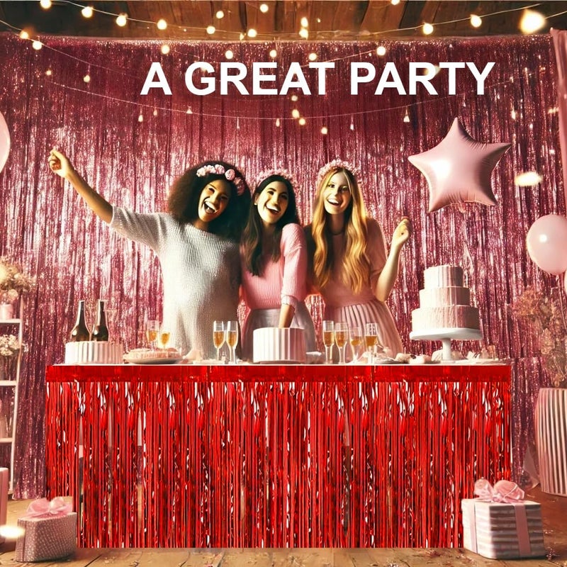 allgala Red Tinsel Table Skirt 2-Pack 29x108 Inch Metallic Foil Fringe Table Skirts for Party Event, Parade Float, Party Decoraton - Image 4